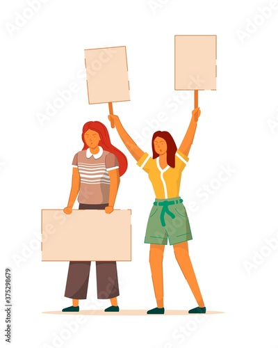 Female movement. Two woman empowerment, feminist demonstration. Vector protesting for feminine political rights. Crowd of striking girl with empty placard illustration isolated on white background
