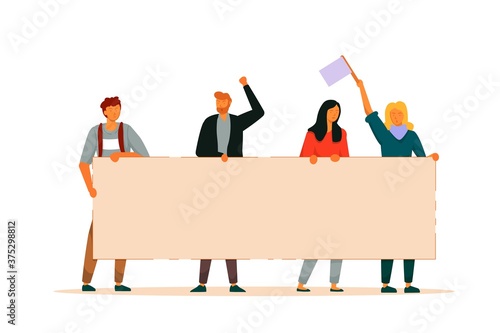 People activist. Man and woman group holding big blank protest banner manifestation together. Vector activist with placard politic parade demonstration. Personalization rights protection illustration