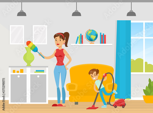 Fototapeta Naklejka Na Ścianę i Meble -  Family Cleaning House Together, Mom Holding Feather Duster, Boy Cleaning the Floor with Vacuum Cleaner, Housekeeping Concept Flat Vector Illustration