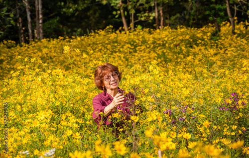 Senior woman enjoying tall yellow flowers growing in field  in early autumn; woods in background