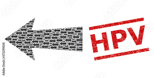 Fractal mosaic arrow left and Hpv grunge stamp imitation. Vector mosaic is designed of repeating arrow left elements. Stamp includes Hpv caption between parallel lines.