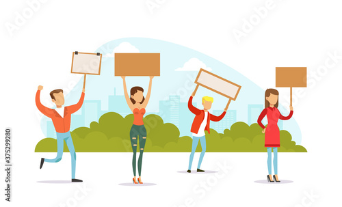 Demonstrating and Protesting People, Men and Women Standing Together and Holding Blank Banners Flat Vector Illustration