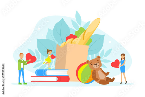 Tiny People Donating Food Products, Toys and Books for Charity, Volunteering and Charity Concept Flat Vector Illustration