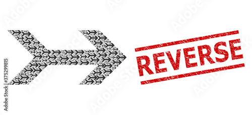 Recursive mosaic arrow right and Reverse dirty stamp imitation. Vector mosaic is created of recursive arrow right elements. Stamp seal includes Reverse title between parallel lines.