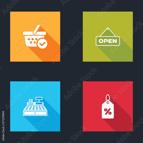 Set Shopping basket with check mark, Hanging sign Open door, Cash register machine and Discount percent tag icon. Vector.