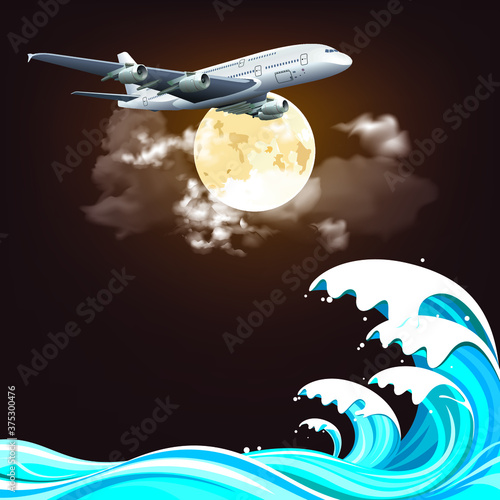 Passenger plane flying over ocean waves set against a dramatic full moon sky