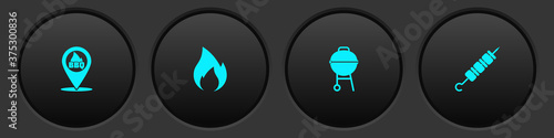 Set Location with barbecue, Fire flame, Barbecue grill and Grilled shish kebab icon. Vector.