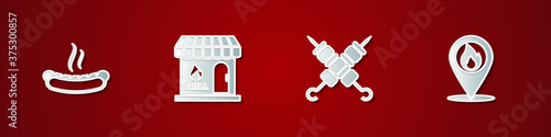 Set Hotdog sandwich, Barbecue shopping building, Grilled shish kebab and Location with fire flame icon. Vector.