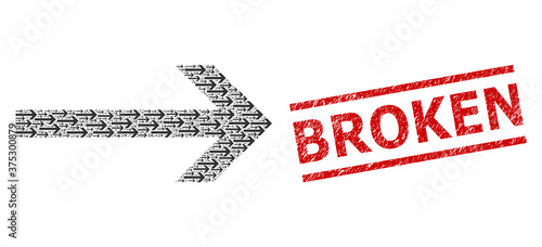 Recursive collage arrow right and Broken grunge stamp seal. Vector collage is created with random arrow right items. Stamp seal includes Broken tag between parallel lines.