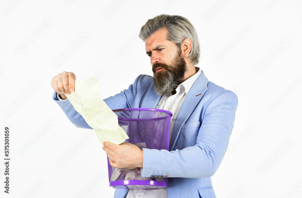 Recover document. Destroy evidence. Rummaging in trash. Recover files after deletion. Businessman hold trash can. Man look for lost document in paper bin. Office worker digging in garbage bin Recover document. Destroy evidence. Rummaging in trash. Recover files after deletion. Businessman hold trash can. Man look for lost document in paper bin. Office worker digging in garbage bin