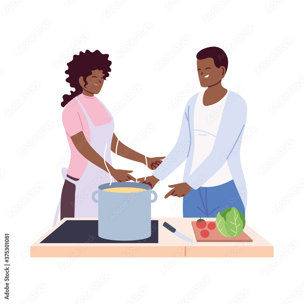 young couple cooking with apron, a pot, and kitchen utensils young couple cooking with apron, a pot, and kitchen utensils