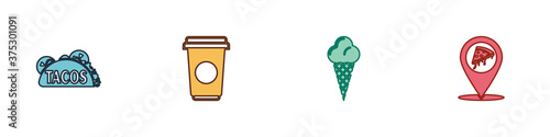 Set Taco with tortilla, Coffee cup, Ice cream in waffle cone and Location slice pizza icon. Vector.