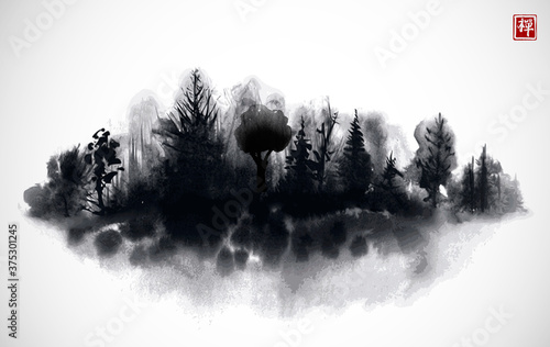 Ink wash painting of black misty forest hand drawn with sumi ink. Traditional Japanese ink wash painting sumi-e. Translation of hieroglyph - zen.