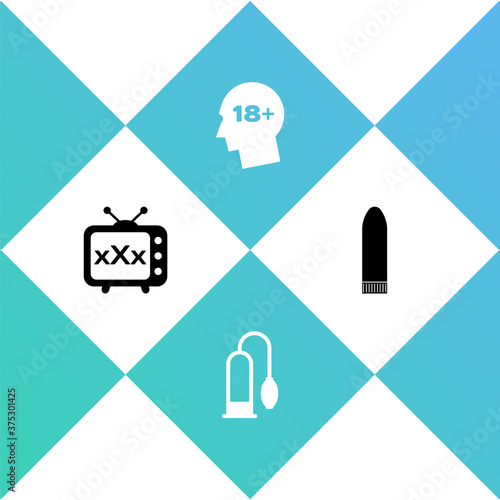 Set Sex tv old television, Penis pump, Head with 18 plus and Dildo vibrator icon. Vector.