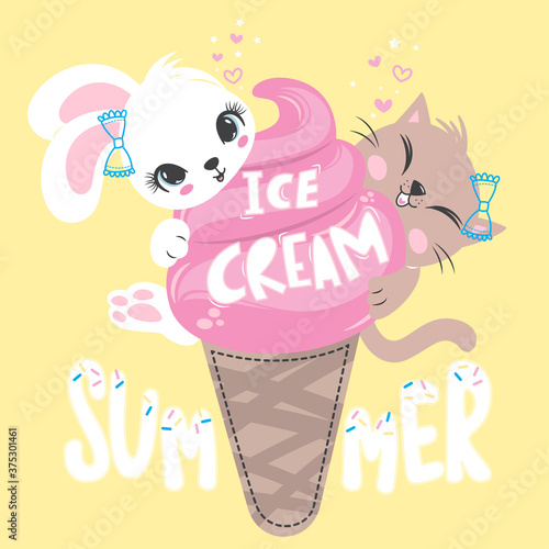 Happy cute bunny and cat with pink ice cream in a waffle cone isolated on yellow background illustration vector.
