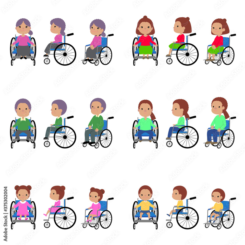車椅子に乗る人、年代別のイラスト(アフリカ系)/Wheelchair users, illustrations by age group (African) 車椅子に乗る人、年代別のイラスト(アフリカ系)/Wheelchair users, illustrations by age group (African)