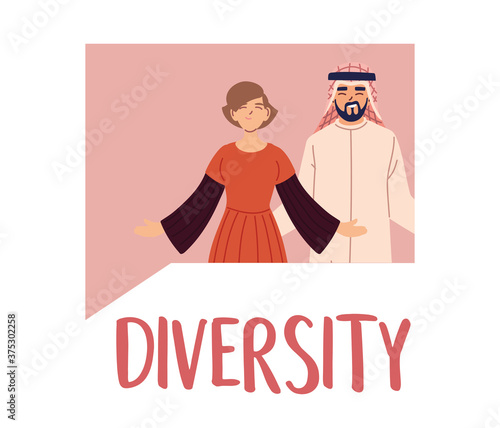 woman and arabish man cartoons in bubble vector design