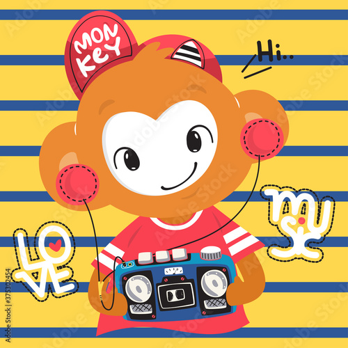 Cute cartoon monkey boy wearing red hat listening to music with boombox and headphones on blue and yellow striped background illustration vector.