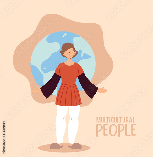 european woman cartoon in front of world sphere vector design