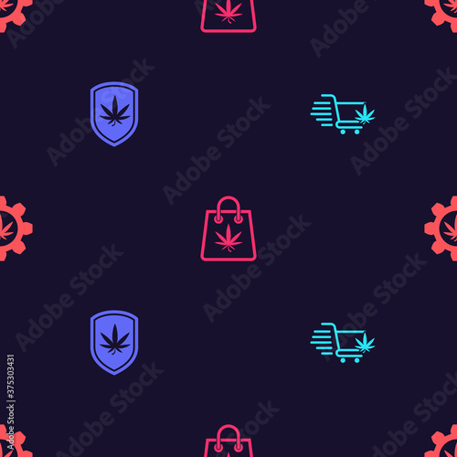 Set Shopping cart with marijuana, Shield and, bag of and Test tube on seamless pattern. Vector.