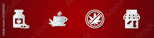 Set Medical bottle with marijuana, Cup tea, Stop and Marijuana and cannabis store icon. Vector.