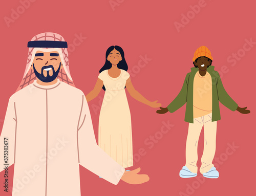 arabish man in front of indian woman and black man cartoons vector design