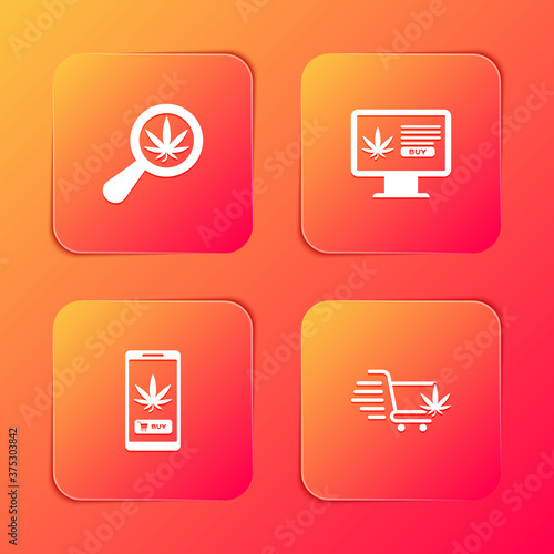 Set Magnifying glass and marijuana, Online buying, and Shopping cart with icon. Vector.