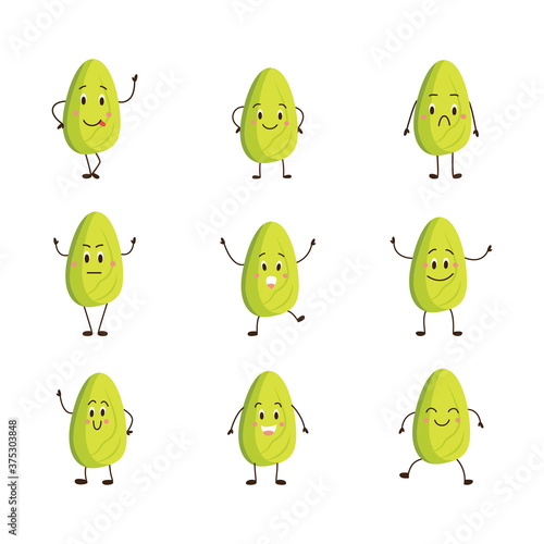 Cartoon pistachio nuts with emotions - isolated set of food characters