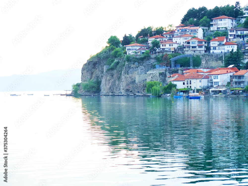 Landscape and cityscape of Ohrid old city in Macedonia.  Ohrid old city in Macedonia is a both Cultural and Natural UNESCO World Heritage Site.