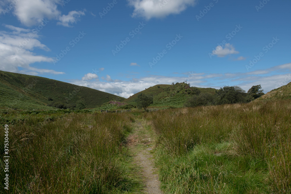 Panoramic View of Moorland by the River Barle with the Iron Age Hill Fort of Cow Castle in the Background within Exmoor National Park in Rural Somerset, England, UK
