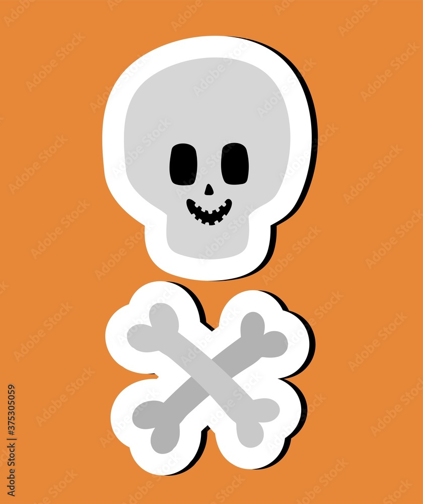 Cute Halloween sticker of scary day symbol. Funny cartoon a smiling skull and crossbones on an orange background. Element of Halloween. 