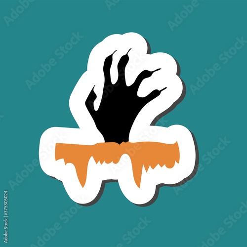 Cute Halloween sticker of scarry day symbols. Funny cartoon dead man s hand reaches out from the ground. element of Halloween is on green background. Thick white stroke shadow