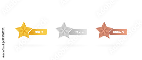 Gold silver and bronze star label. Customer product rating review. Modern vector illustration