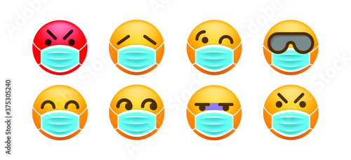 Set of Realistic Cute Emoticons with Face Mask on White Background . Isolated Vector Illustration 