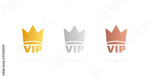 Set VIP badges in gold, silver and bronze color. Crown label with three vip level. Modern vector illustration