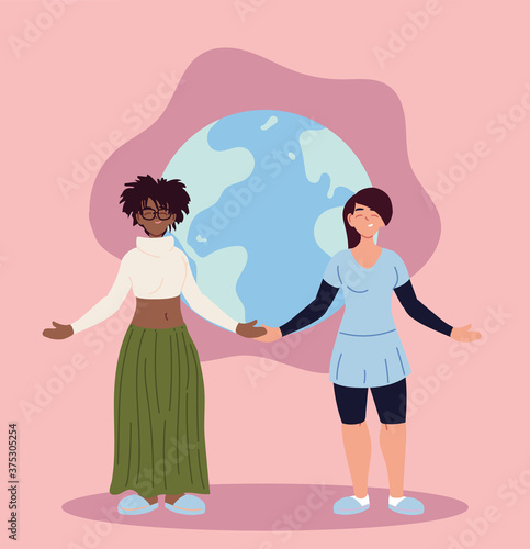 black and latin women cartoons with world sphere vector design