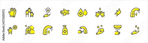 Set of Washing Hands Vector Line Icons. Contains such Icons as Coronavirus, Contactless Water Tap, Antiseptic, Washing Instruction, Hand Dryer, Soap and more. Editable Stroke. 32x32 Pixels.