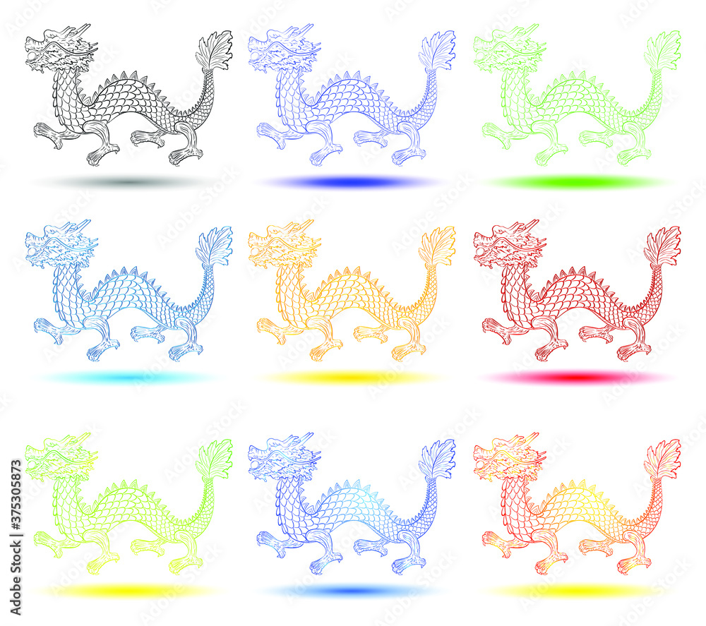 Fototapeta premium Traditional chinese or korean Dragon with pearl. Ancient symbol of asian culture and mythology. Colorful set of vector illustration