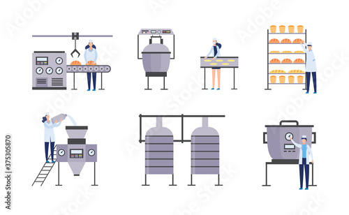 Baking factory or bakery equipment set flat vector illustration isolated.