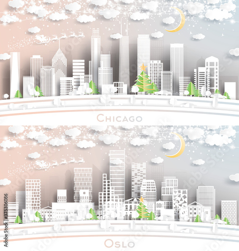 Photography Chicago Illinois USA and Oslo Norway City Skylines in Paper Cut Style with Snowflakes, Moon and Neon Garland