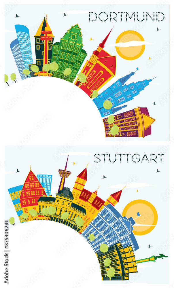 Stuttgart and Dortmund Germany City Skyline with Color Buildings, Blue Sky and Copy Space.