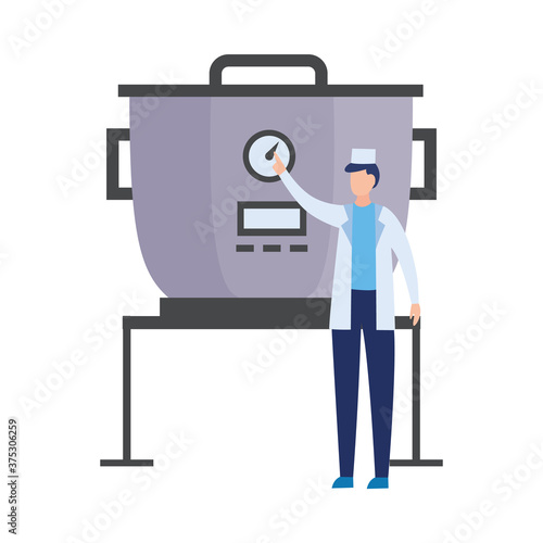 Food factory worker near industrial equipment flat vector illustration isolated.