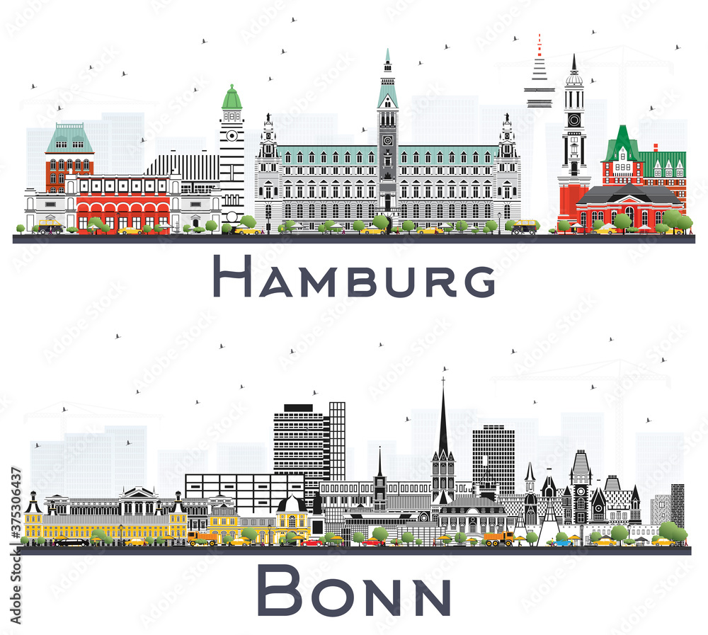 Bonn and Hamburg Germany City Skylines with Gray Buildings Isolated on White.