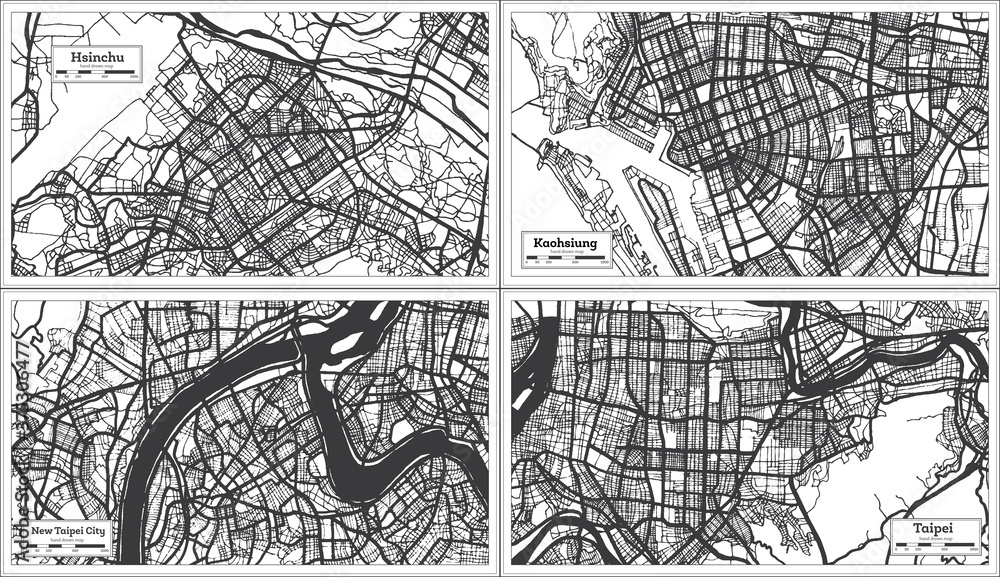 Obraz premium Kaohsiung, Hsinchu, New Taipei City and Taipei Taiwan Indonesia City Map in Black and White Color.