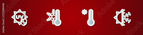 Set UV protection, Thermometer with snowflake, Meteorology thermometer and Sun and icon. Vector.