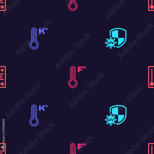 Set UV protection, Meteorology thermometer, and on seamless pattern. Vector.