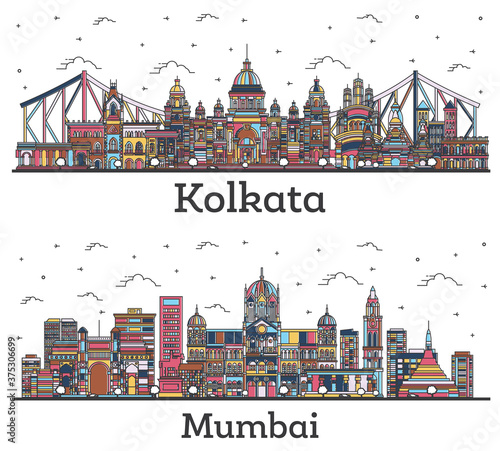 Outline Mumbai and Kolkata India City Skylines with Color Buildings Isolated on White. photo