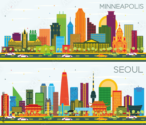 Photography Seoul Korea and Minneapolis Minnesota USA City Skyline with Color Buildings and Blue Sky