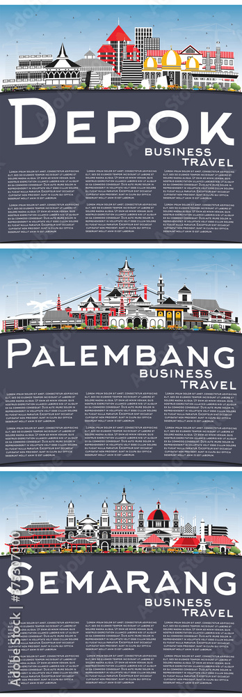 Obraz premium Depok, Semarang and Palembang Indonesia City Skylines with Gray Buildings, Blue Sky and Copy Space.