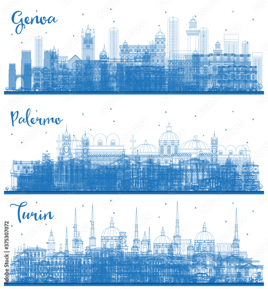 Outline Turin, Palermo and Genoa Italy City Skyline with Blue Buildings.
